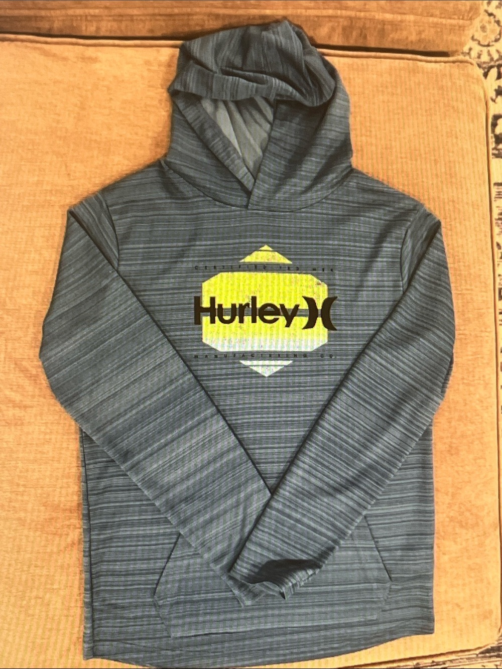 Hurley Men's Blue-Gray Striped Crewneck Hoodie with Yellow Logo